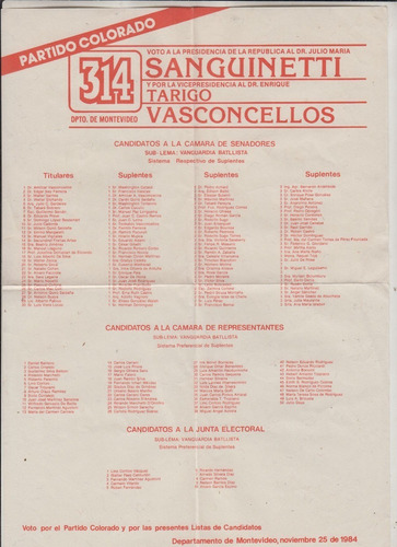 Elecciones 1984 Lista 314 Sanguinetti Vasconcellos Colorados