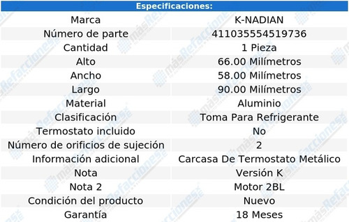 Toma Anticongelante Aluminio 2 Pernos Dart L4 2.2l 82 Al 89