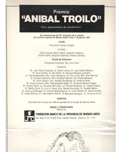 Afiche Premio Aníbal Troilo Para Ejecutantes De Bandoneón