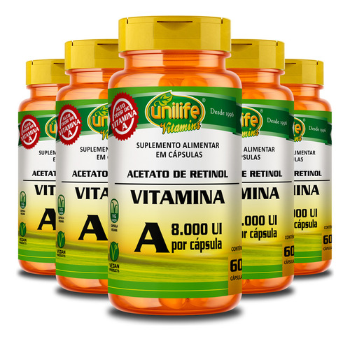 Kit 5 Vitamina A Acetato de Retinol 60 Cápsulas Unilife