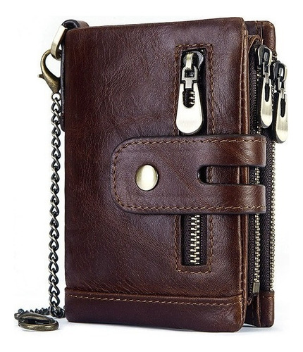 Cartera De Cuero Genuino Para Hombre Con Cadena Antirrobo Y
