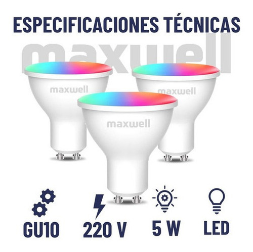 Imagen 6 de 7 de Ampolletas Inteligentes Set X3 Maxwell Gu10 Wifi Tuya Rgb 5w 0