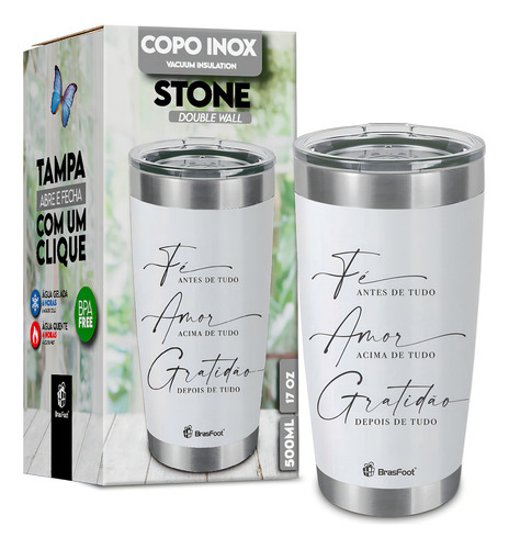 Taza térmica Stone Faith Love And Gratitude Ref. 11067, frases en color Brasfoot White