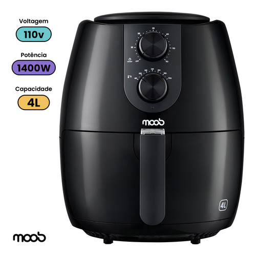 Fritadeira Air Fryer Elétrica Moob Capacidade Para 4 Litros Até 200ºc De Temperatura Timer 60 Minutos Com Desligamento Automático E Aviso Sonoro 1400w De Potência Revestimento Antiaderente 127v