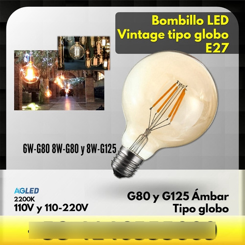 Bombillo Led Vintage T Globo G80 Dorado 6w E27 2000k 110v