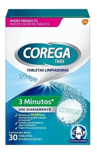 Corega Tabs Tabletas Limpiadoras 3 Minutos X 30 Unidades