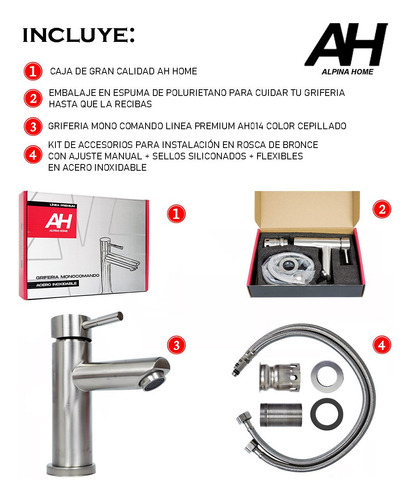 Griferia Monocomando Ah Home De Mesada Acero Inoxidable Ah14
