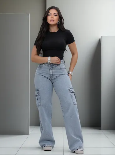 Calça Jeans Feminina Cargo Levanta Bumbum Cintura Alta