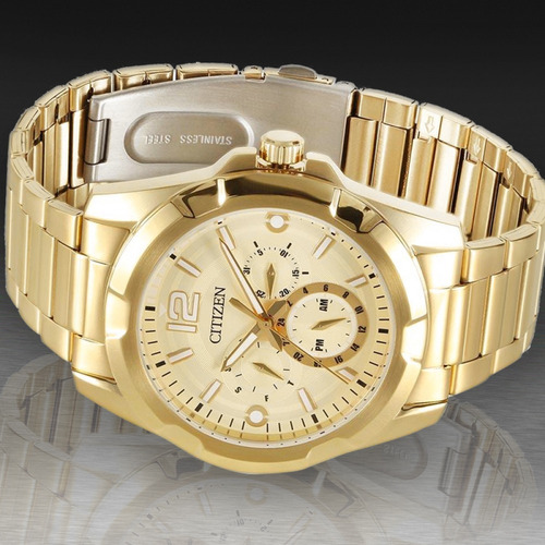 Imagen 2 de 6 de Reloj Citizen Hombre Calendario Ag8332 Acero Dorado Wr50