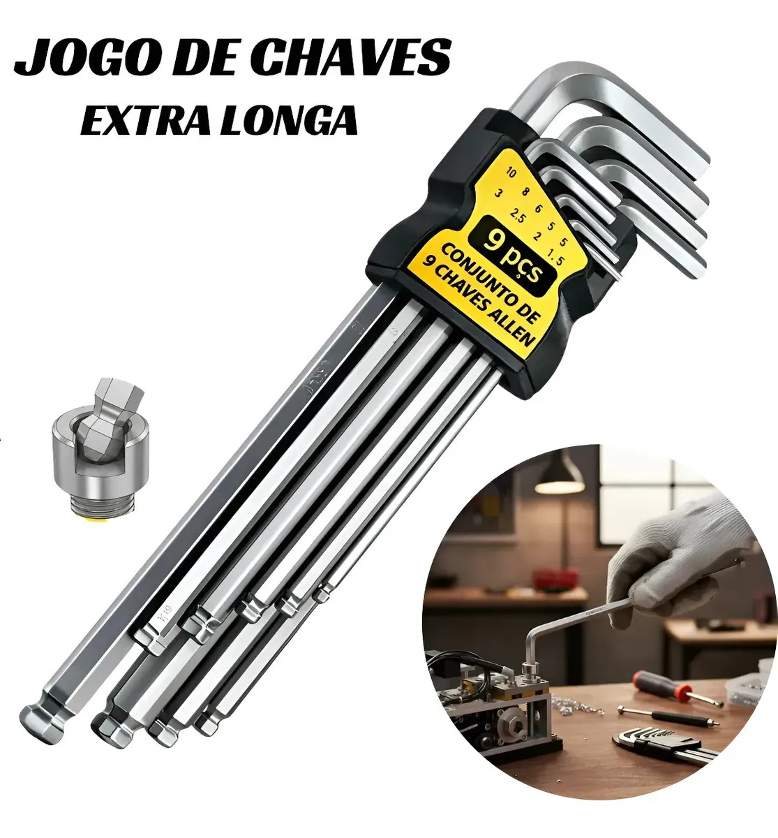 Jogo Chave L Allen Hexagonal L Longa 9 Peças 1,5 A 10 Mm Kit Prateado