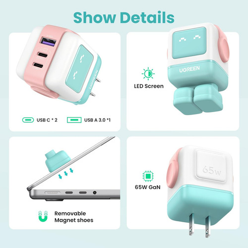Ugreen Robot C361 Cargador Carga Rapida Usb C 65w Pink Blue