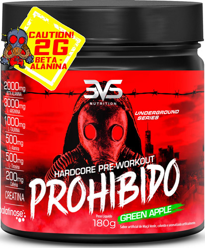 Pré Treino Prohibido 180g - Sabor: Green Apple - Fórmula Avançada Com Creatina, Beta Alanina, Taurina, Cafeína, L-tirosina, L-alanina, Arginina E Palatinose