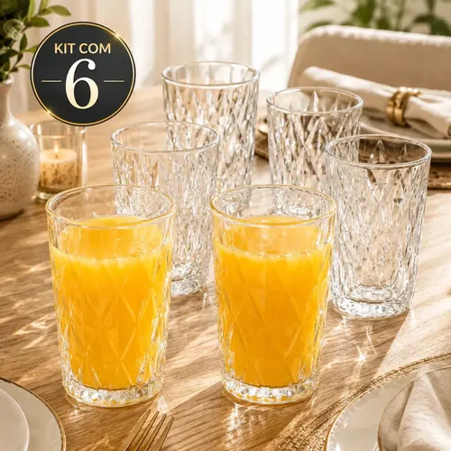 Jogo 6 Copos 400ML Grande Vidro Grosso Diamond Resistente Transparente ​Kit para Drink Água Suco Restaurante Diamante Sólar