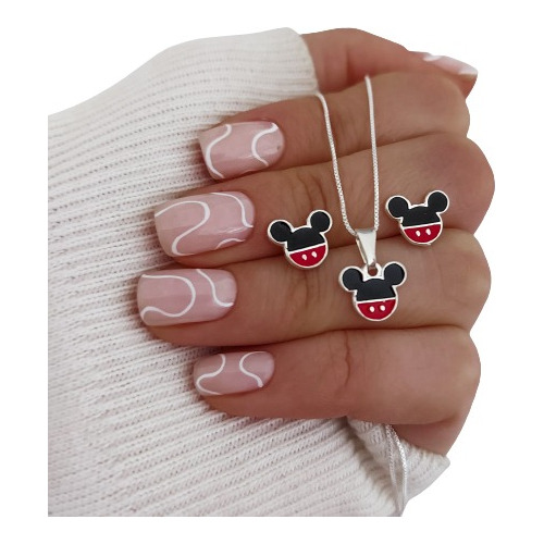 Dije Mickey Miniatura Cadena Y Aros Disney Plata 925 Mouse