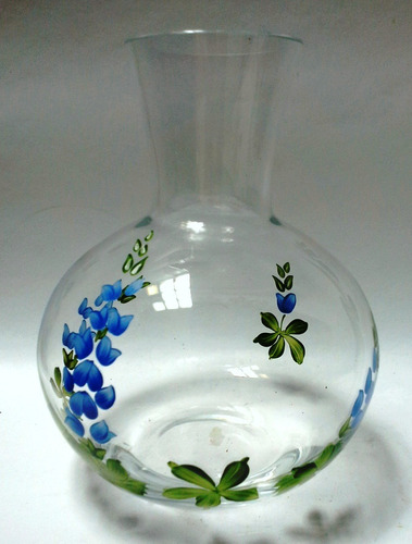 Florero Antiguo Cristal Ramas Hojas Y Flores Azules