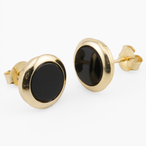 Aretes Broquel Círculo De Ónix Natural Oro Solido 10k 8 Mm