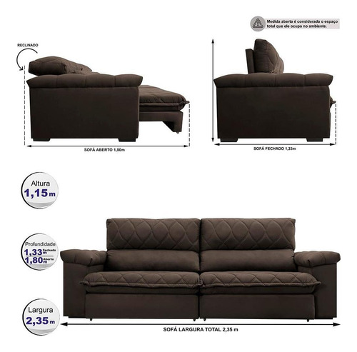 Sofá Retrátil Reclinável 2,35m Cama Inbox Big Home. Velusoft Cor Caf