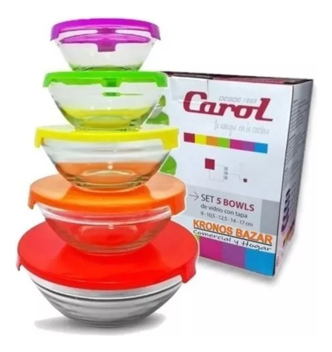 Set X5 Bowl Vidrio C/ Tapa Hermetica Plastica Carol Pastel