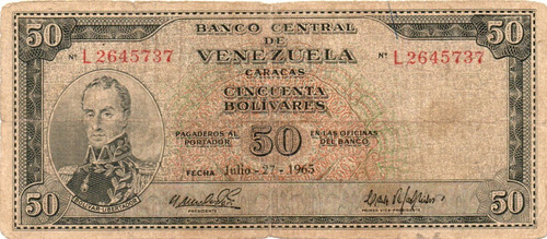 Billete 50 Bolívares 27 De Julio 1965 Serial L7