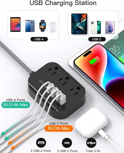 Multitoma Extensión, 3xca + 2xusb-a + 2xusb-c, 153cm, Negro
