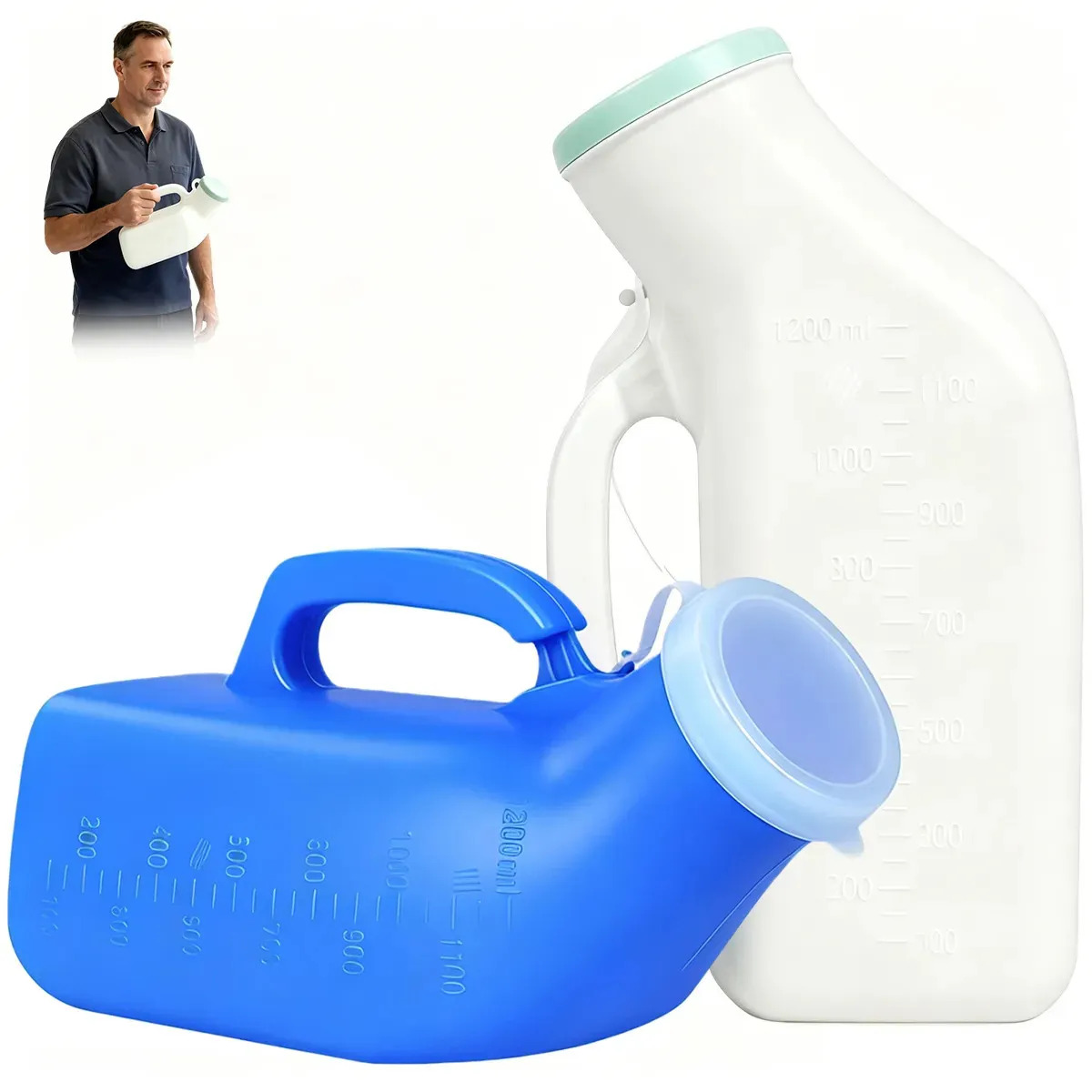 Orinal Portátil Hombre 1200ml 2Pzs, Reutilizable a Prueba de Derrames, Botella Orina Plástico Tapa Hermética, Gran Apertura, Fácil Limpiar Orinar Hombre Ancianos para Hospital Coch