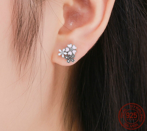 Aros De Plata 925 Con Circones - Bello Diseño De Flor Cerezo