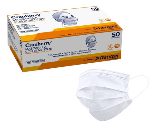 Mascarilla Cranberry 3 Pliegues Blanca Uso Médico 50 Unid