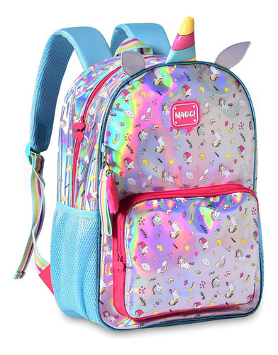 Mochila Holográfica Escolar Infantil De Costas Clio Style Cor Prateado Desenho do tecido Unicórnio - Magic