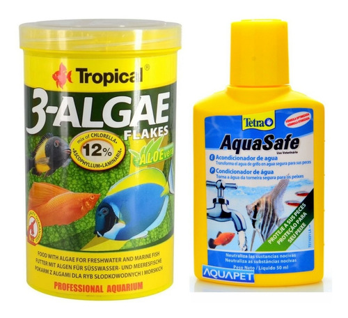 Kit Ração 3-algae Flakes Flakes 20g + Aquasafe 50ml