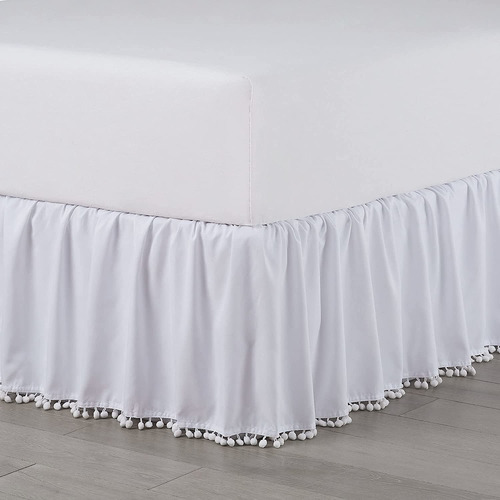 Pom Pom Tassle Plataforma Bedskirt, Queen, Blanco