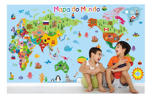 Adesivo Infantil Mapa Mundi Grande 2m² Papel De Parede M09