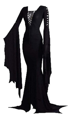 Vestido De Piso De Morticia Para Mujer, Disfraz De Bruja Gót