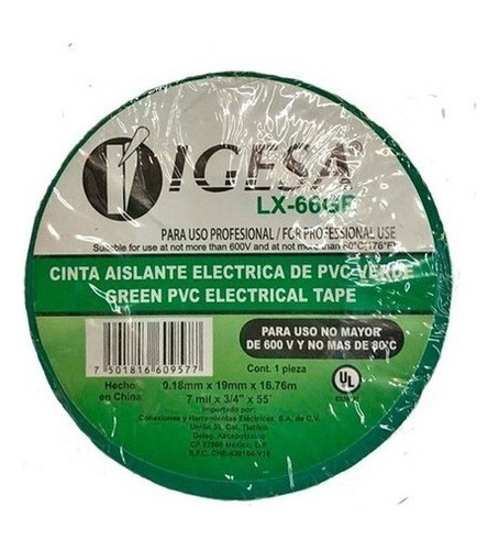 10 Cinta Eléctrica Aislante De Pvc 19mm 16.7mts Igesa Grande Verde Liso