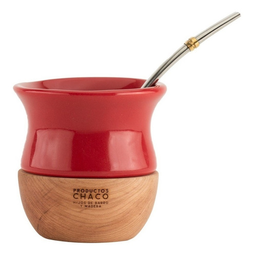 Mate Chaco De Cerámica Y Madera + Bombilla Inox + Funda Color Rojo