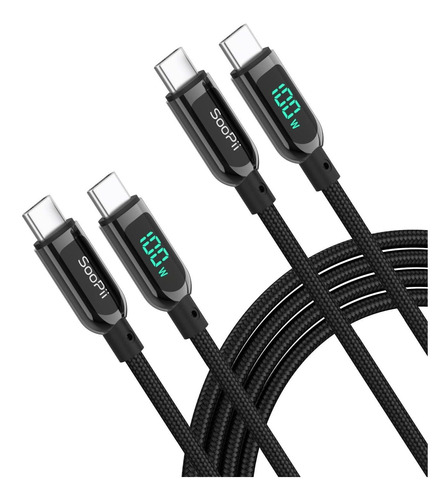 2 Cables Usb-c Pd 100w Con Led Nylon Mallado - 1.2mt Negro