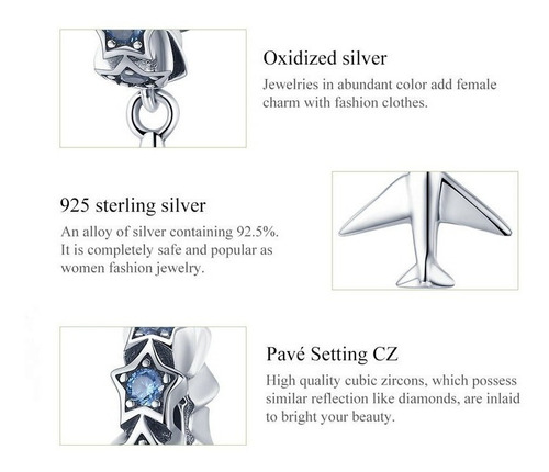 Charm - Colgante Diseño Avion Plata S925 Con Circones Azules