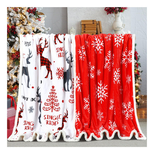 2 Mantas Navideñas Sherpa Con Reno Rojo, Árbol De Copo De Ni