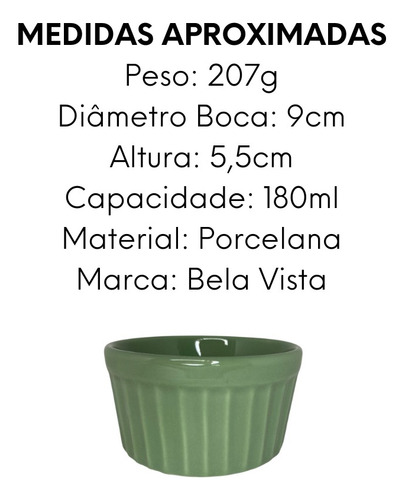 Kit 4 Ramekim Verde Médio 180ml Porcelana Porção Servir