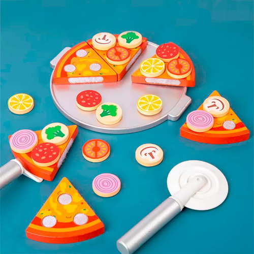 Imagen 9 de 9 de Set De Comida Juguete Pizza De Madera Didactico