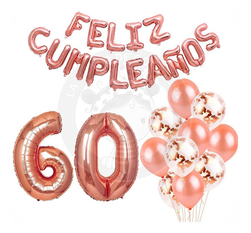 Globo Numero 60 1 M + Letras 40 Cm + Globos Latex Rosa Gold