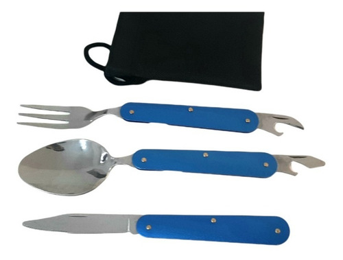 Imagen 3 de 3 de Set Cubiertos Plegable Camping Aire Libre 3 Piezas Con Funda