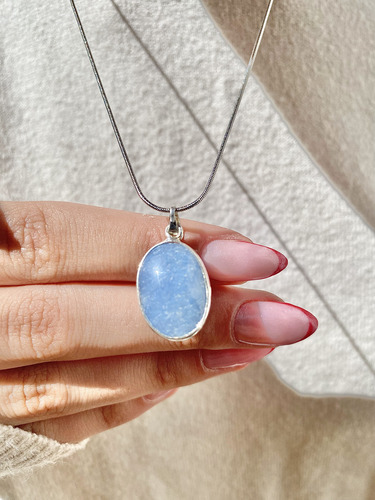 Collar Oval Calma Cristal Cuarzo Azul + Cadena De Acero