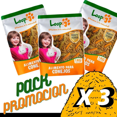 Imagen 1 de 2 de Alimento Conejo Pellet Loops 1kg Pack Promocion X 3