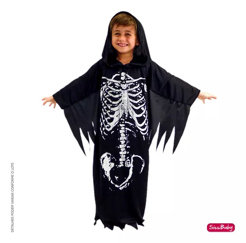 Fantasia Halloween Caveira Scary Boy Girl Infantil Com Capuz