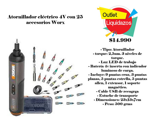 Atornillador Electrico 4v Con 25 Accesorios Worx