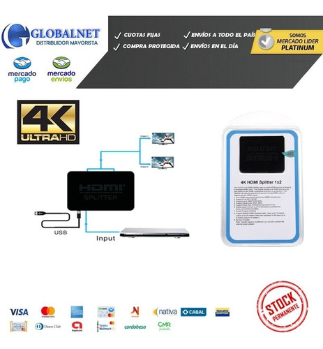 Splitter Hdmi Activo 1x2 Tv Led Lcd 3d 1080p Full Hd 4k X2k