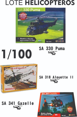 Lote 3 Helicopteros Puma+ Alouette+ Gazelle  Modelex 1:100
