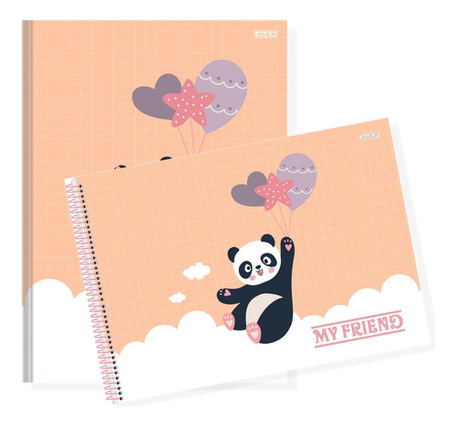 Kit Cadernos Brochura + Desenho Urso Panda Escolar Infantil
