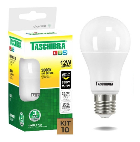 Kit 10 Lâmpadas Led 12w Bulbo E27 3000k Branco Quente