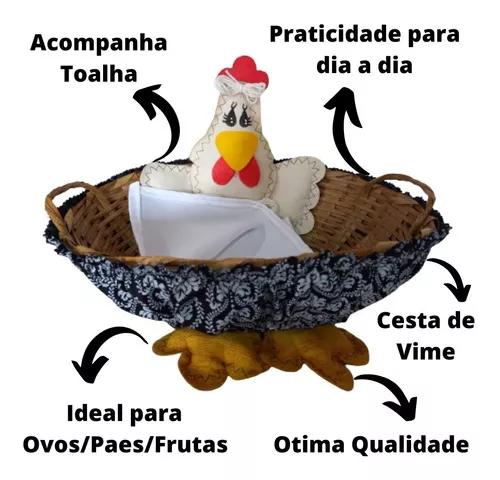 Cesto De Pão De Galinha Artesanal Cor Preto Nome Do Desenho